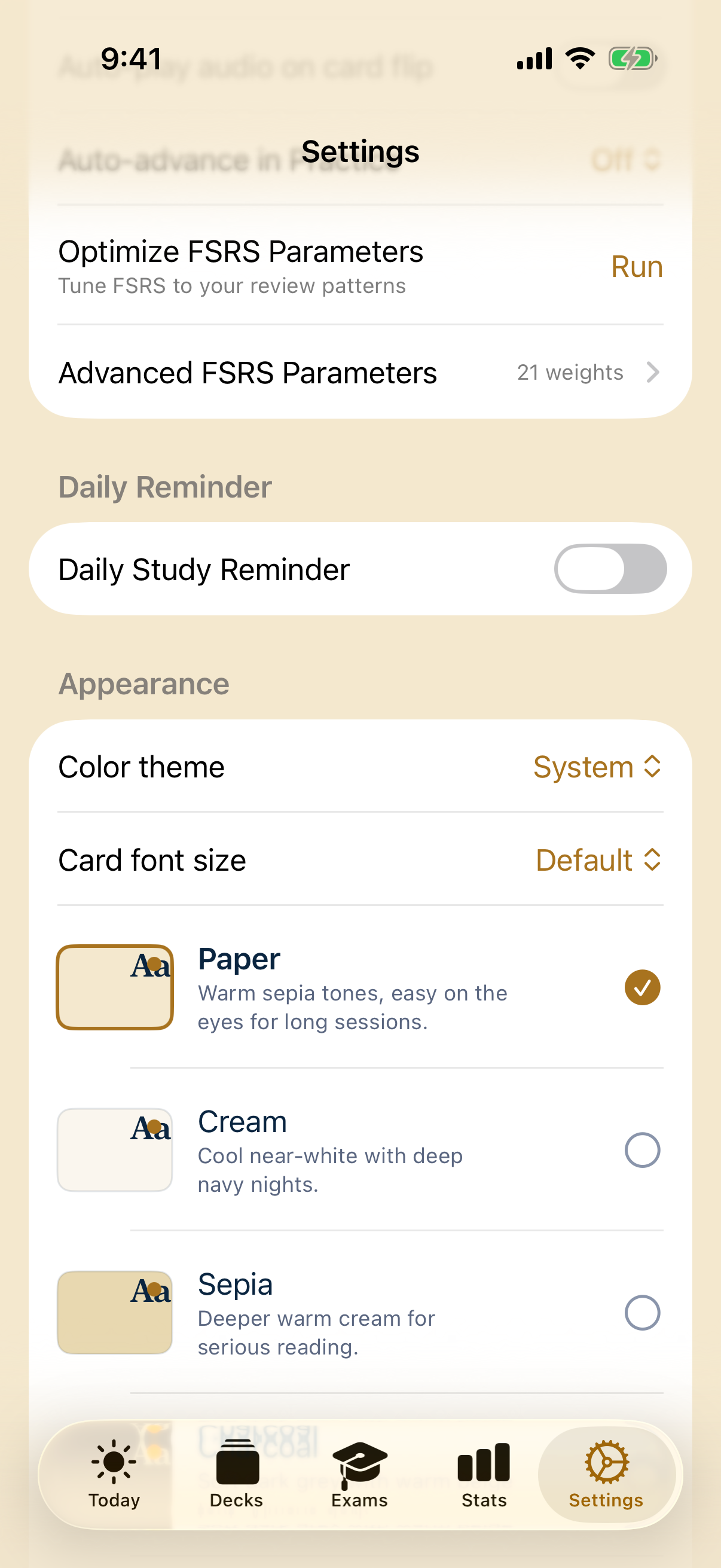 Settings — Review & Scheduling — the Optimize FSRS Parameters row with a Run button that derives your personalized 21-weight vector