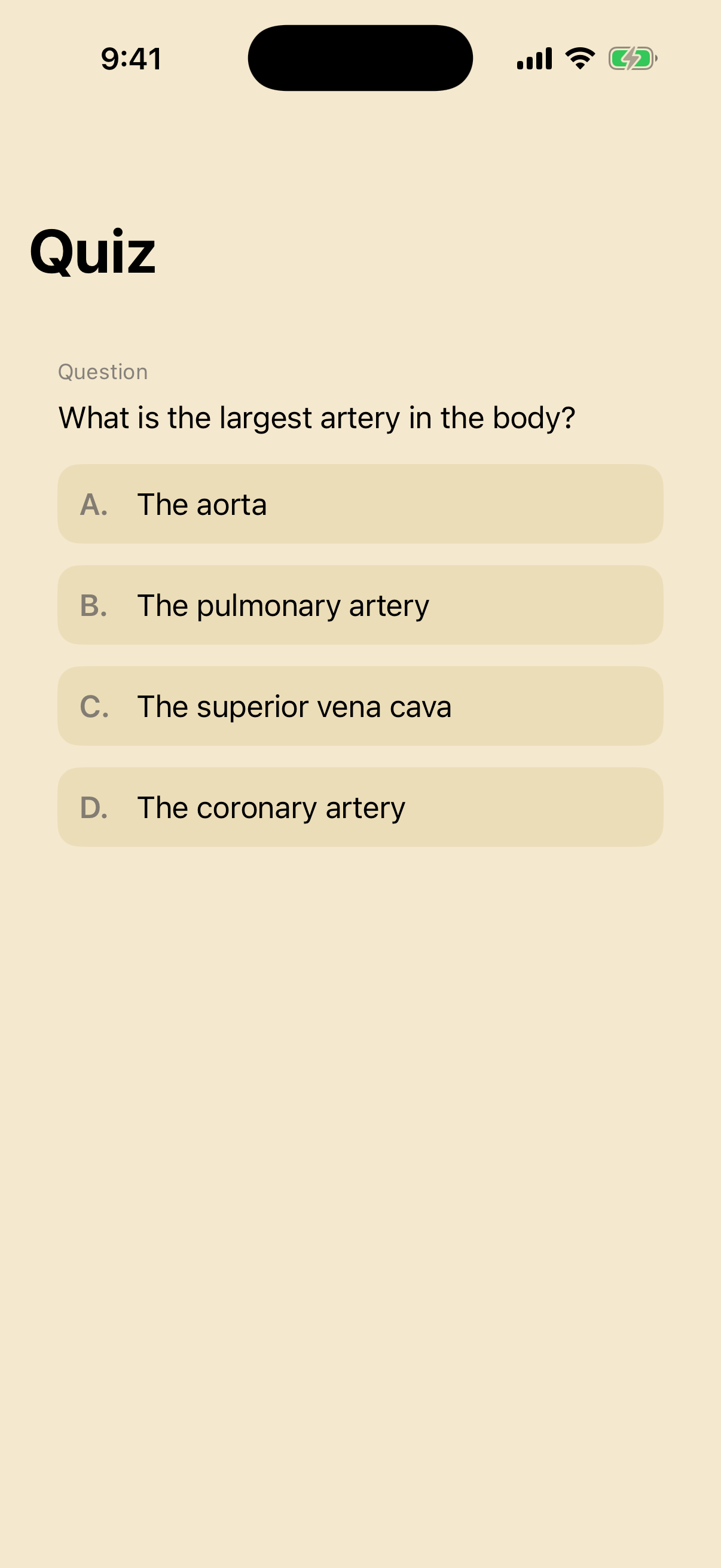 Smart quiz — a multiple-choice question with four lettered options, including AI-generated distractors