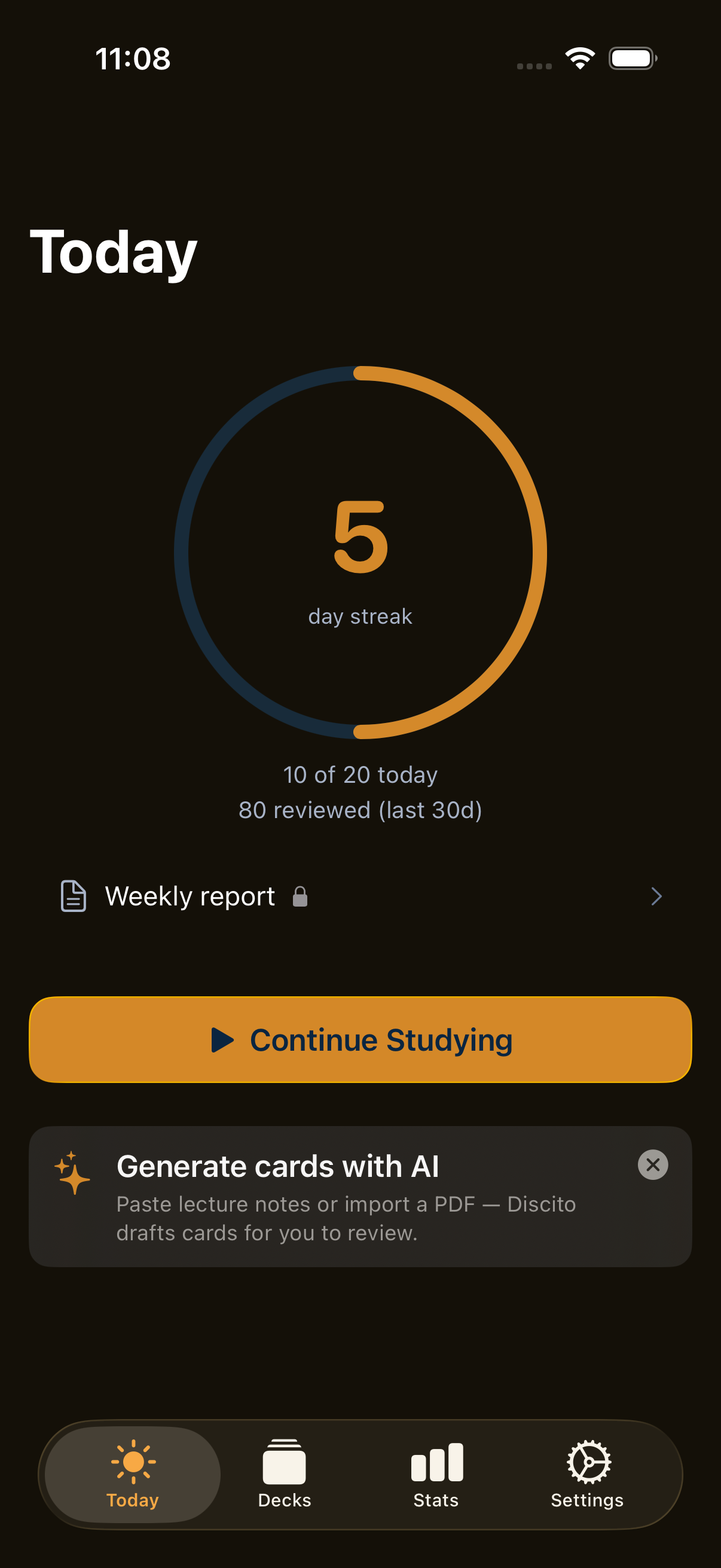 Discito Today tab showing 5-day streak ring, daily goal progress, and Continue Studying CTA