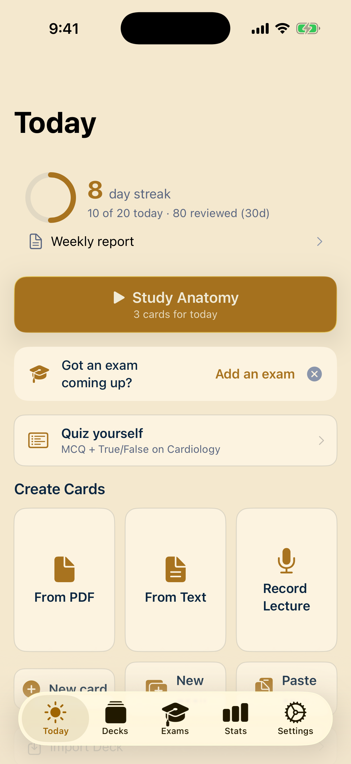 Study Dashboard on the Today tab — streak ring, daily-goal progress, last-30-day reviews, and a Weekly Report link